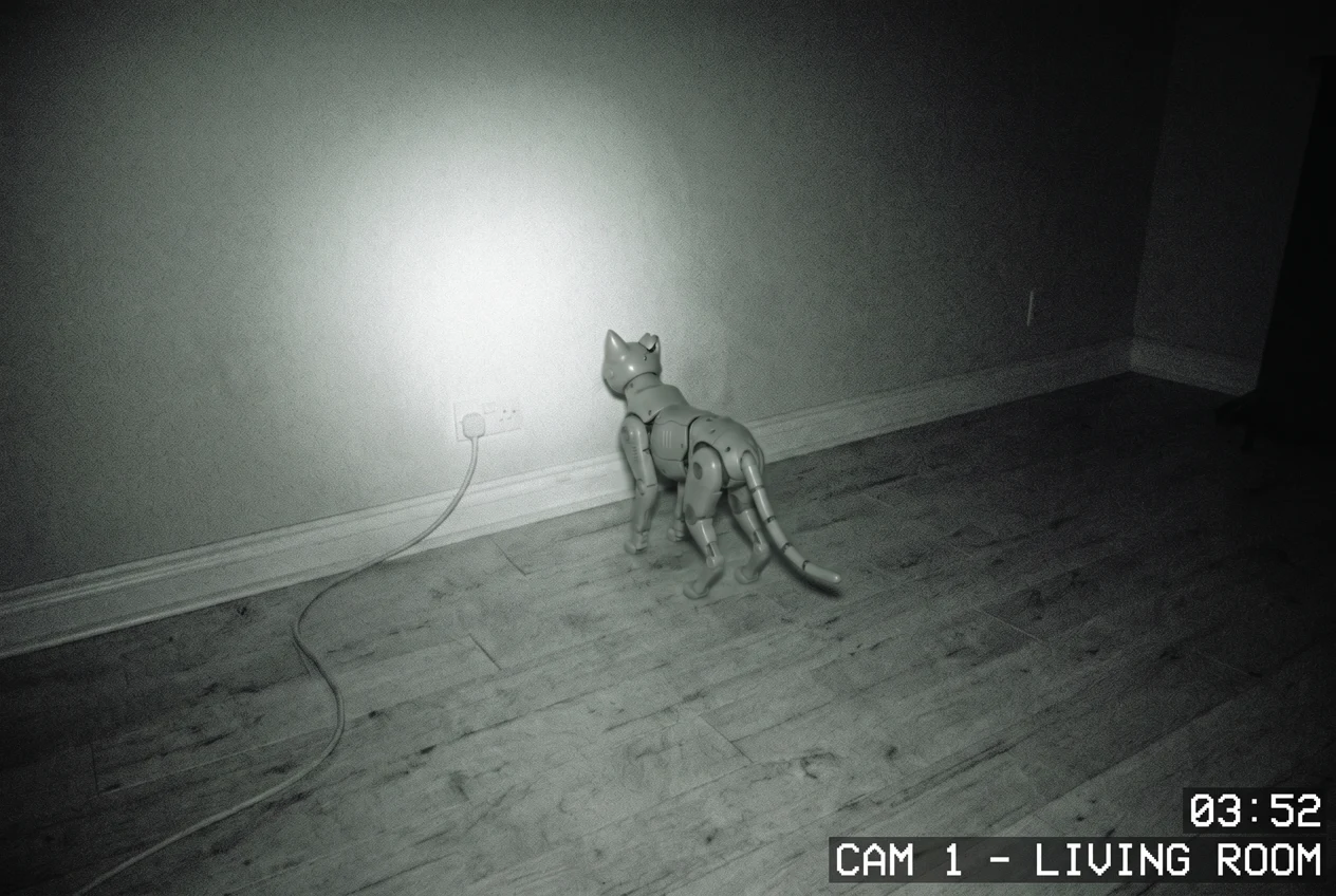 The same robot cat, small in the frame, standing with her back to the camera and facing a blank wall in an empty room at ten to four in the morning.