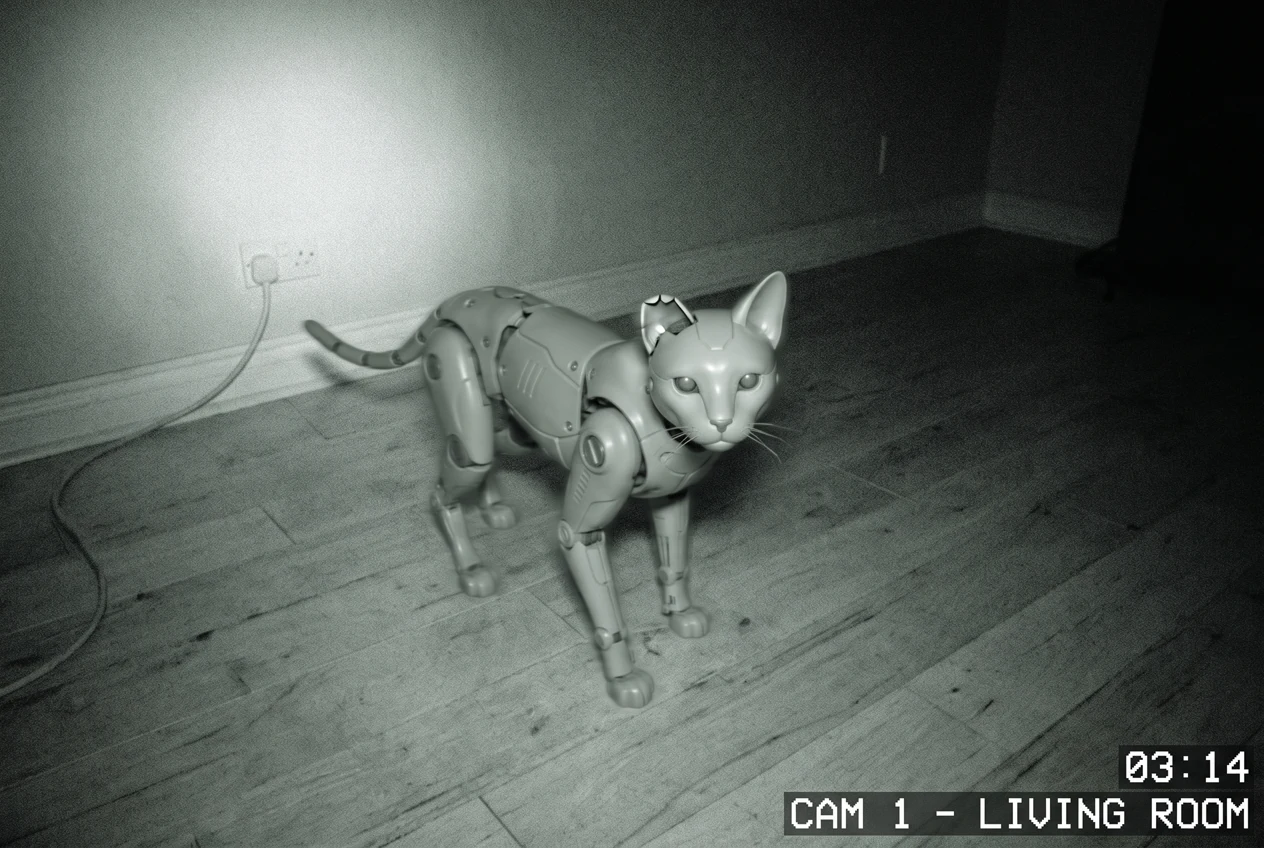 A pale grey robot cat standing on bare floorboards, seen from a high corner by an infrared security camera. Her left ear is folded over and cracked at the tip. A charging cable runs behind her to a wall socket.